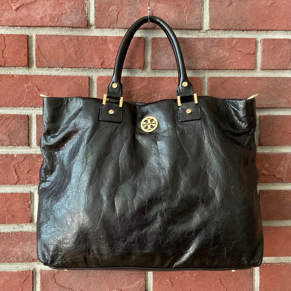 Tory Burch Black “Dena Distressed Leather Handbag